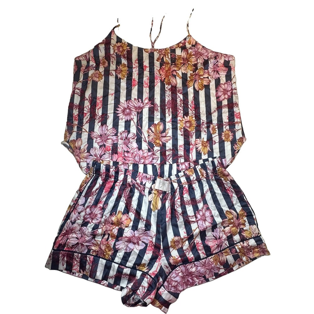 Victoria's Secret Floral Stripe Silk Set Sleepwear Top Tank Sz L + Shorts Sz M